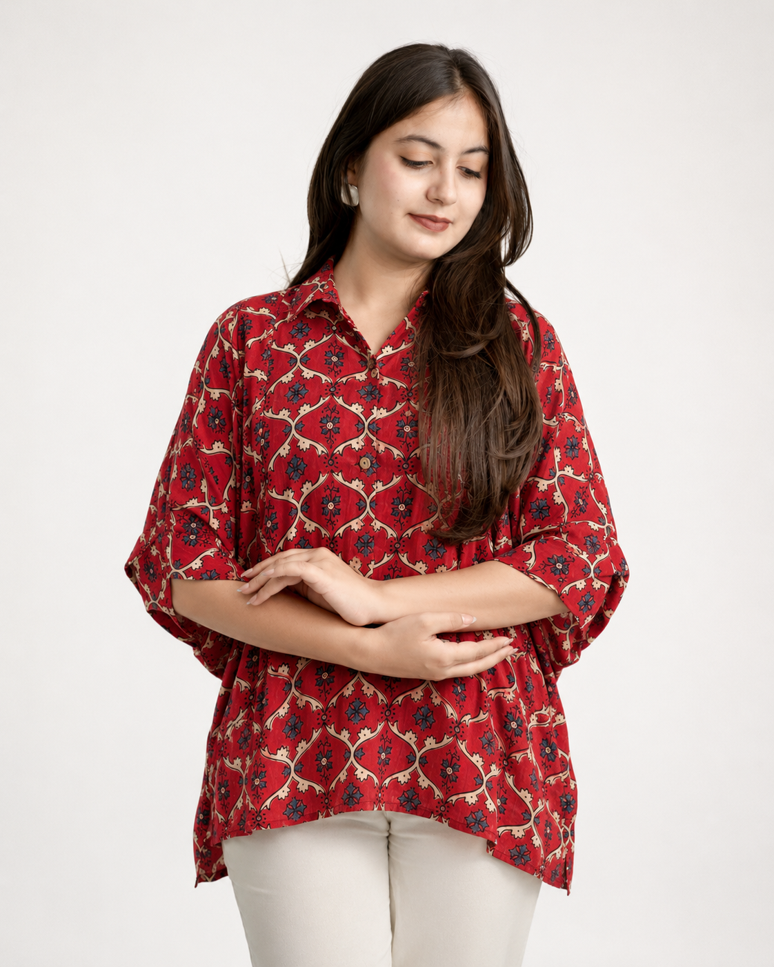 Ruma Red Muslin Handblock Kaftaan Shirt
