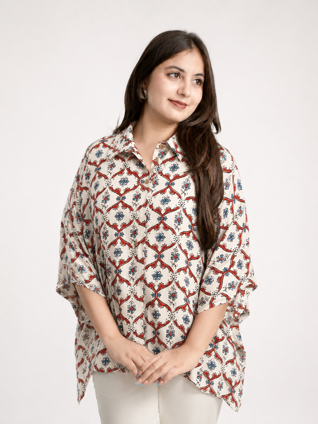 Ruma Beige Muslin Handblock Kaftaan Shirt