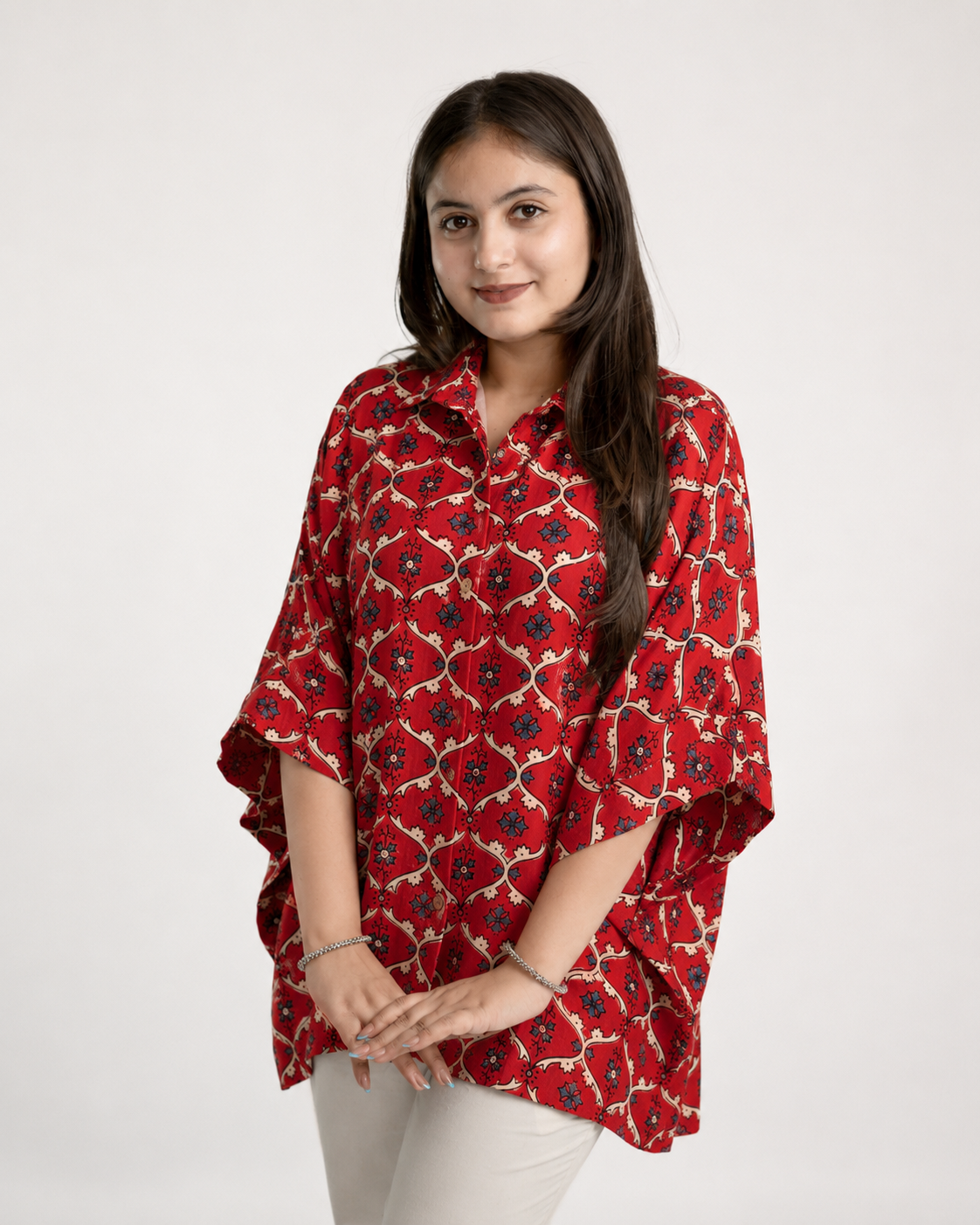 Ruma Red Muslin Handblock Kaftaan Shirt