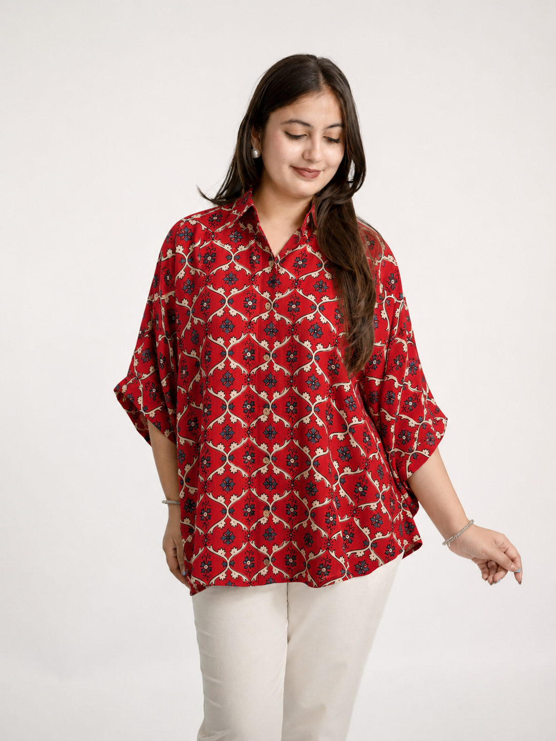 Ruma Red Muslin Handblock Kaftaan Shirt