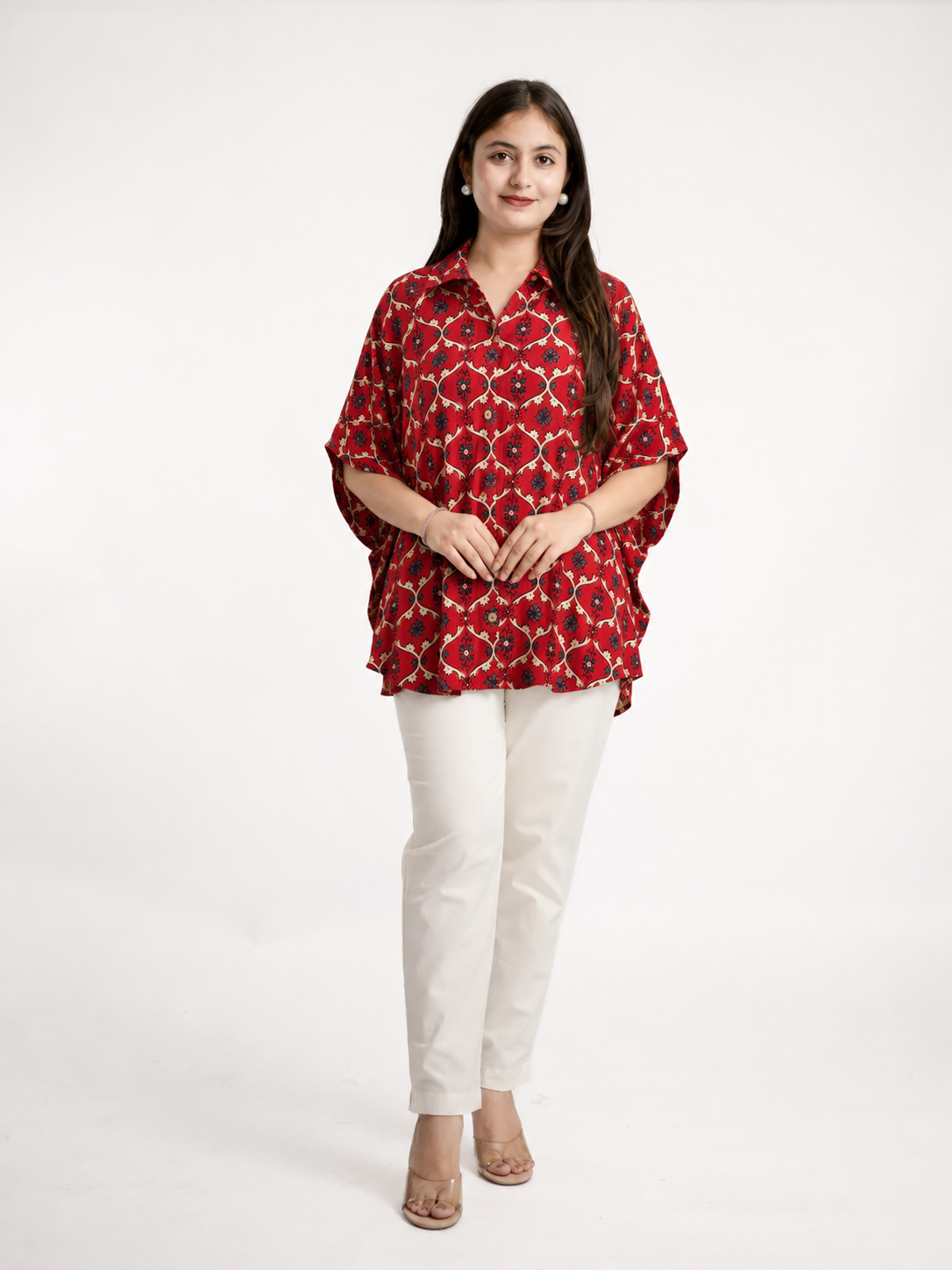 Ruma Red Muslin Handblock Kaftaan Shirt