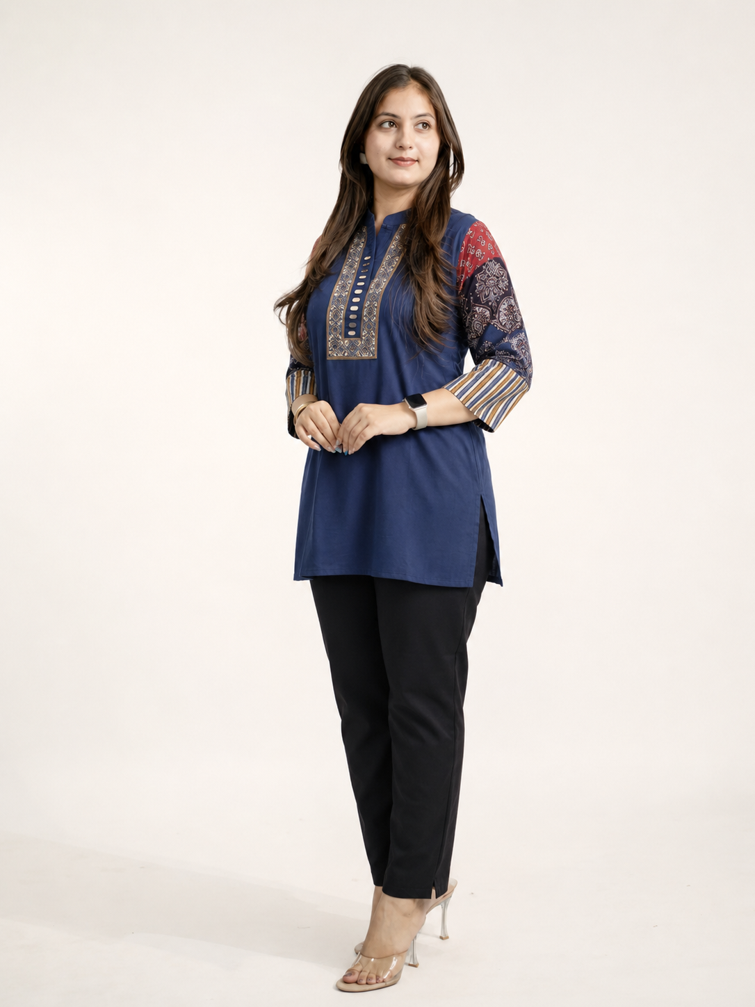 Aanya Blue Cotton Ajrakh Emboidered Short Top