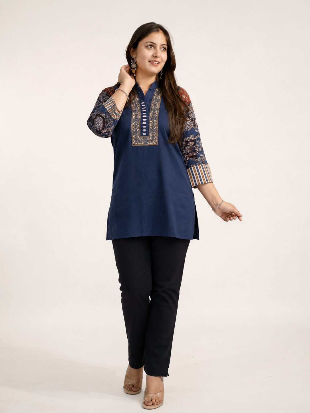 Aanya Blue Cotton Ajrakh Emboidered Short Top