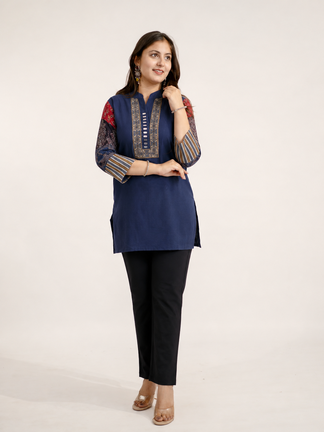 Aanya Blue Cotton Ajrakh Emboidered Short Top