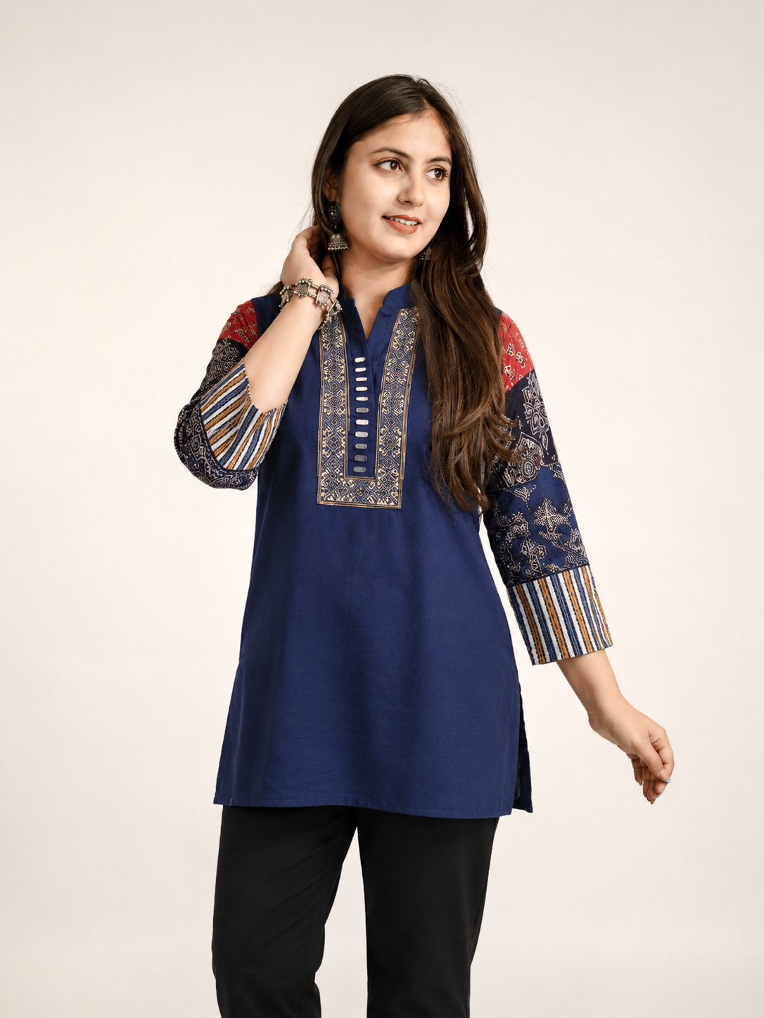 Aanya Blue Cotton Ajrakh Emboidered Short Top