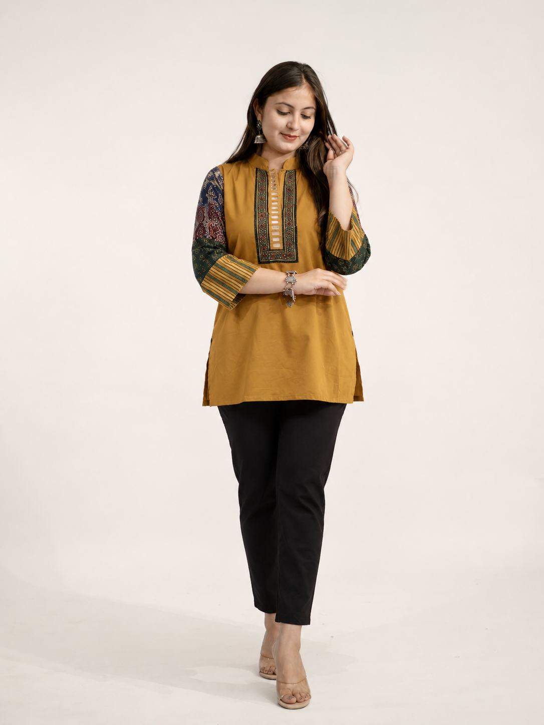 Aanya Mustard Cotton Ajrakh Emboidered Short Top