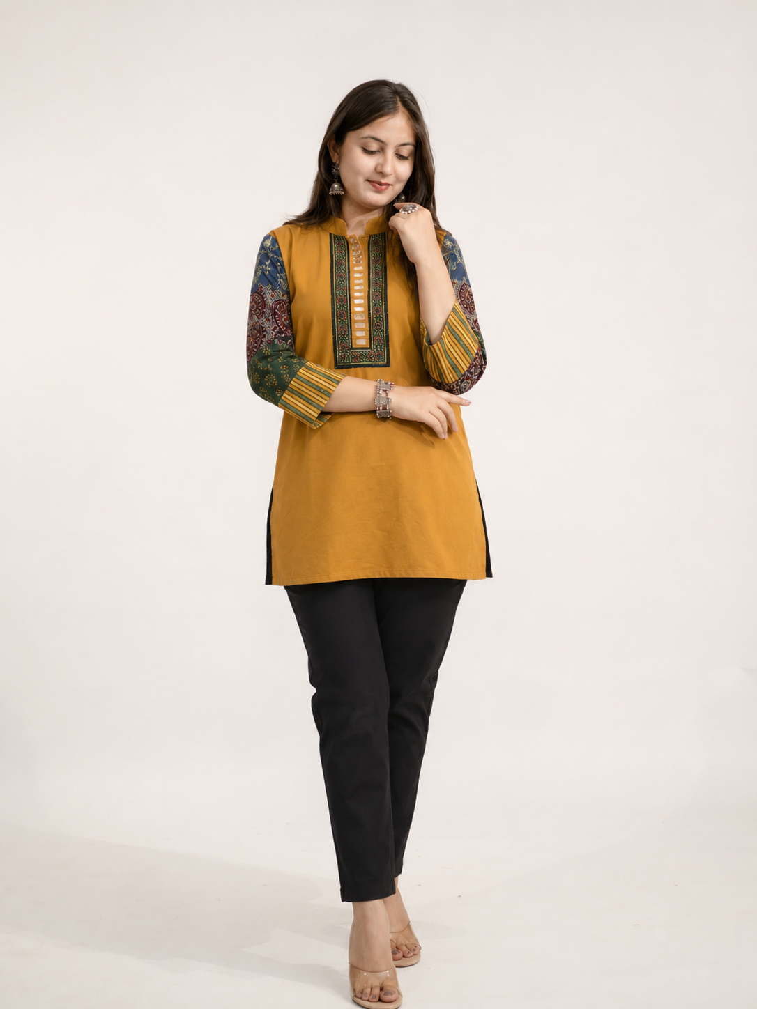 Aanya Mustard Cotton Ajrakh Emboidered Short Top