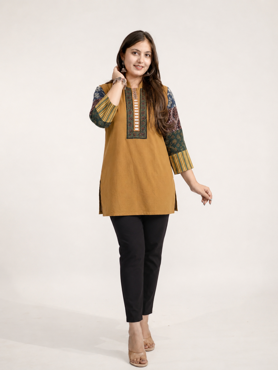 Aanya Mustard Cotton Ajrakh Emboidered Short Top