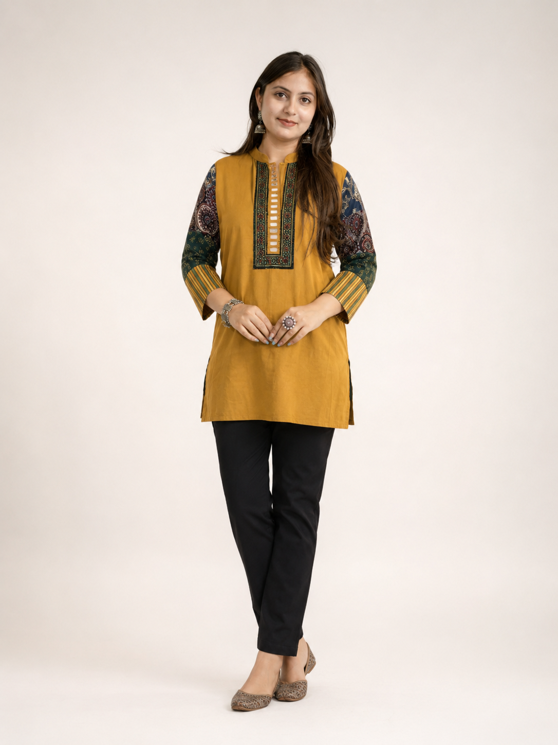 Aanya Mustard Cotton Ajrakh Emboidered Short Top