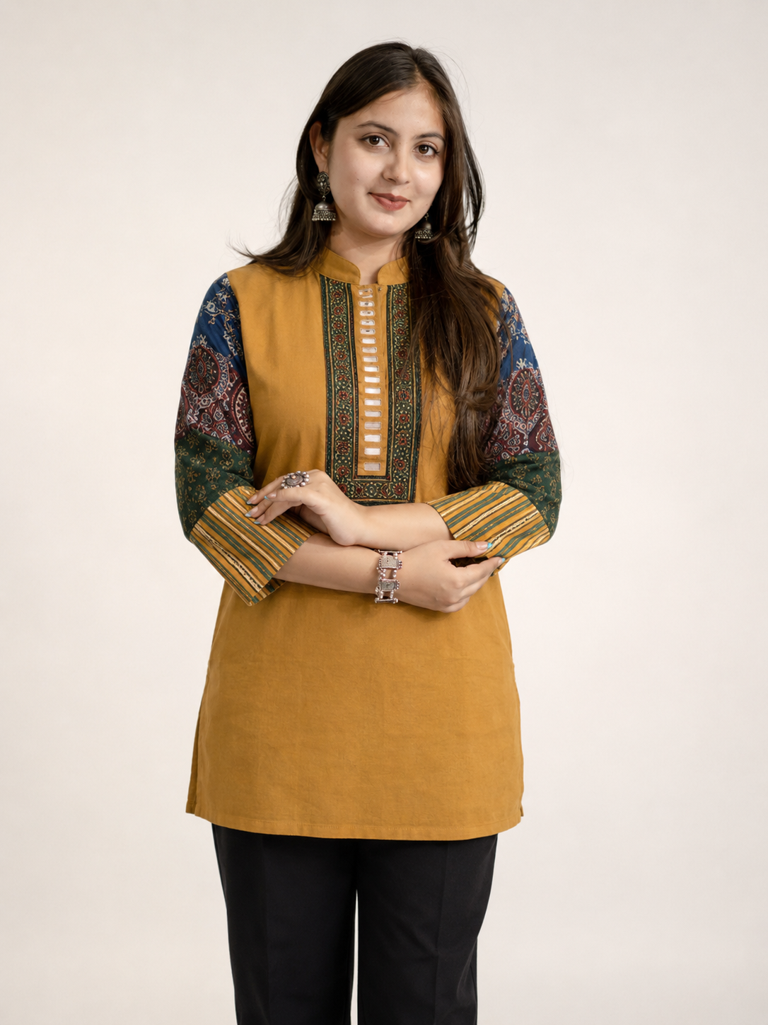 Aanya Mustard Cotton Ajrakh Emboidered Short Top