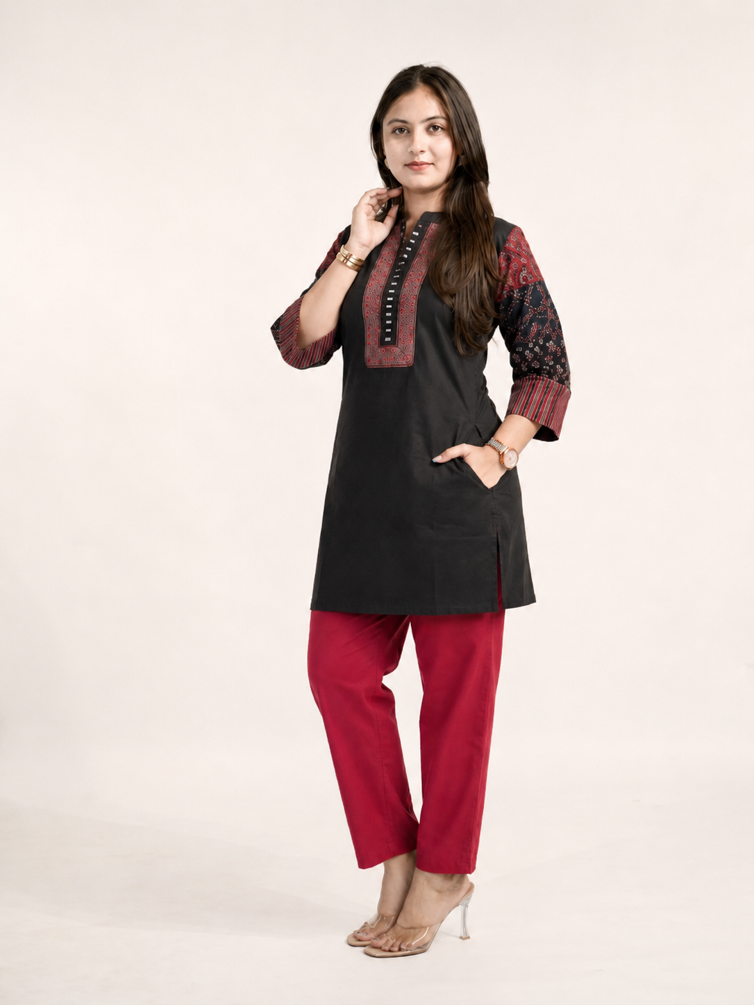 Aanya Black Cotton Ajrakh Emboidered Short Top