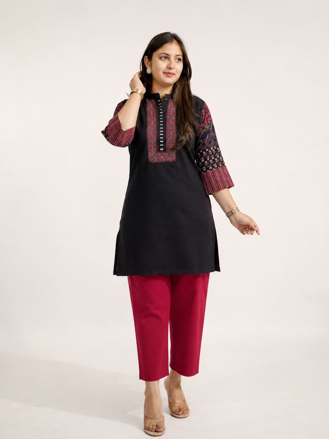 Aanya Black Cotton Ajrakh Emboidered Short Top