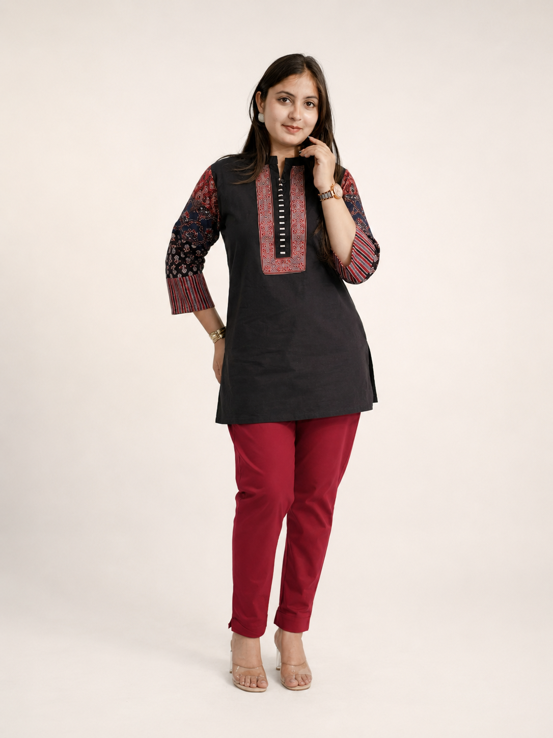 Aanya Black Cotton Ajrakh Emboidered Short Top