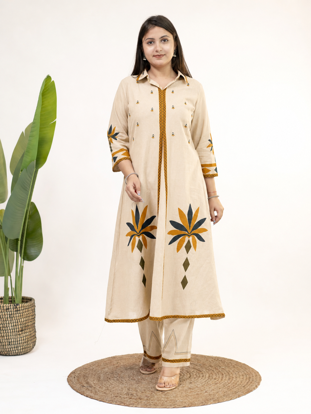 Zivara Beige Floral Mirror Work A-line Kurta Set