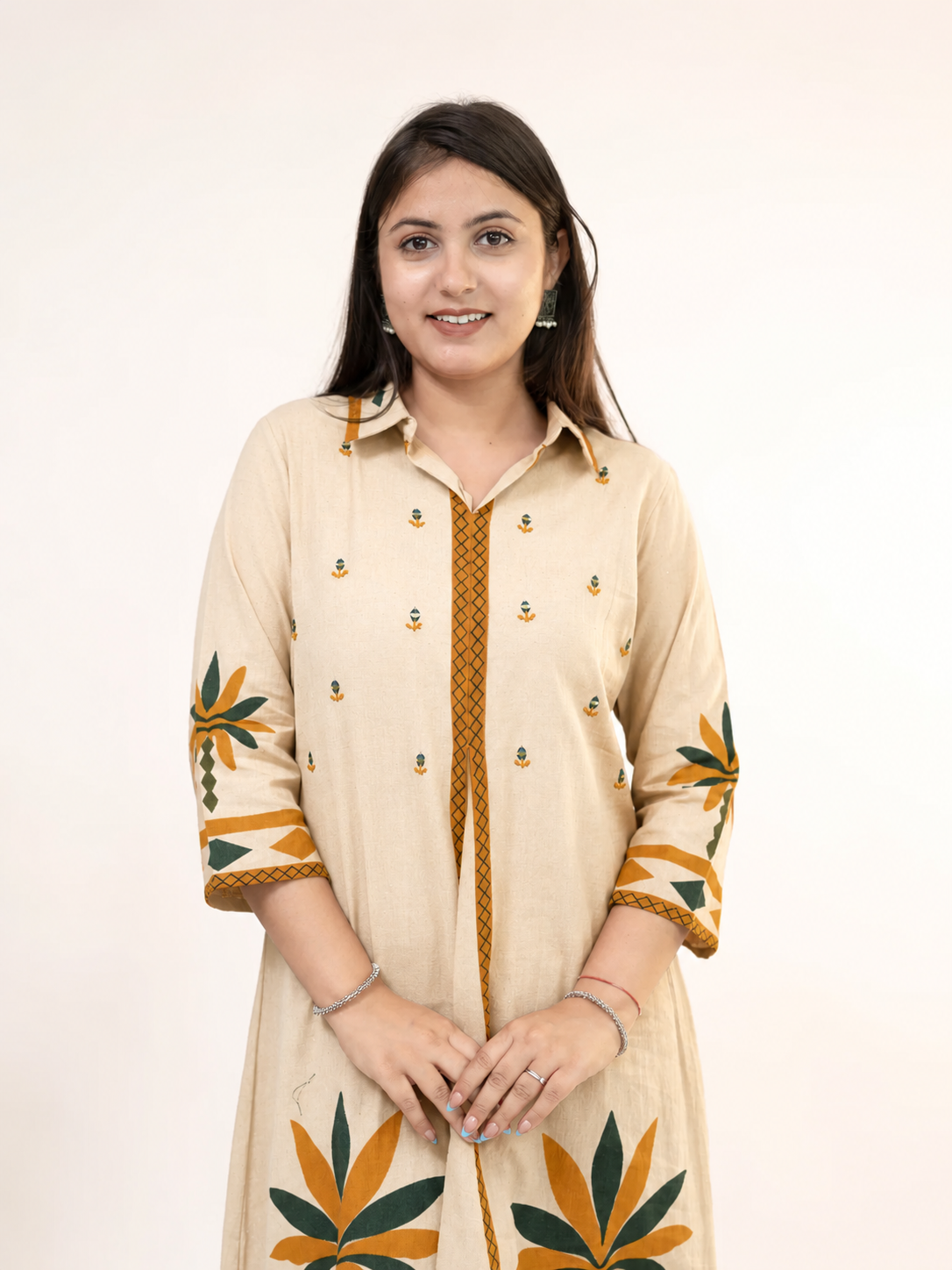 Zivara Beige Floral Mirror Work A-line Kurta Set