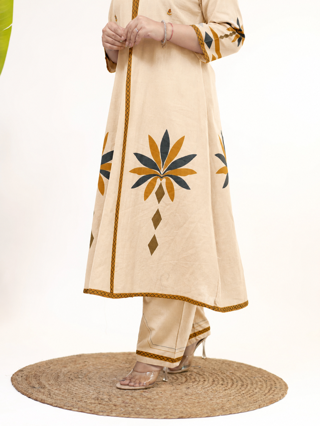 Zivara Beige Floral Mirror Work A-line Kurta Set