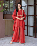 Riddham Maroon Crepe Asymmetric Bandhani Coord Set
