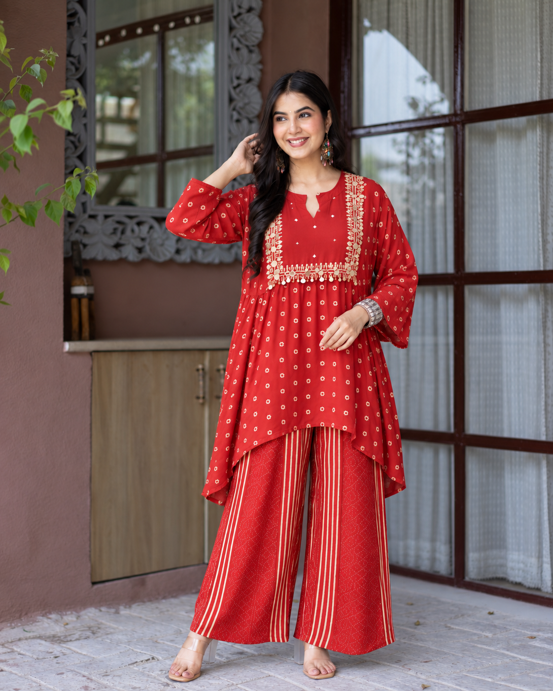 Riddham Maroon Crepe Asymmetric Bandhani Coord Set