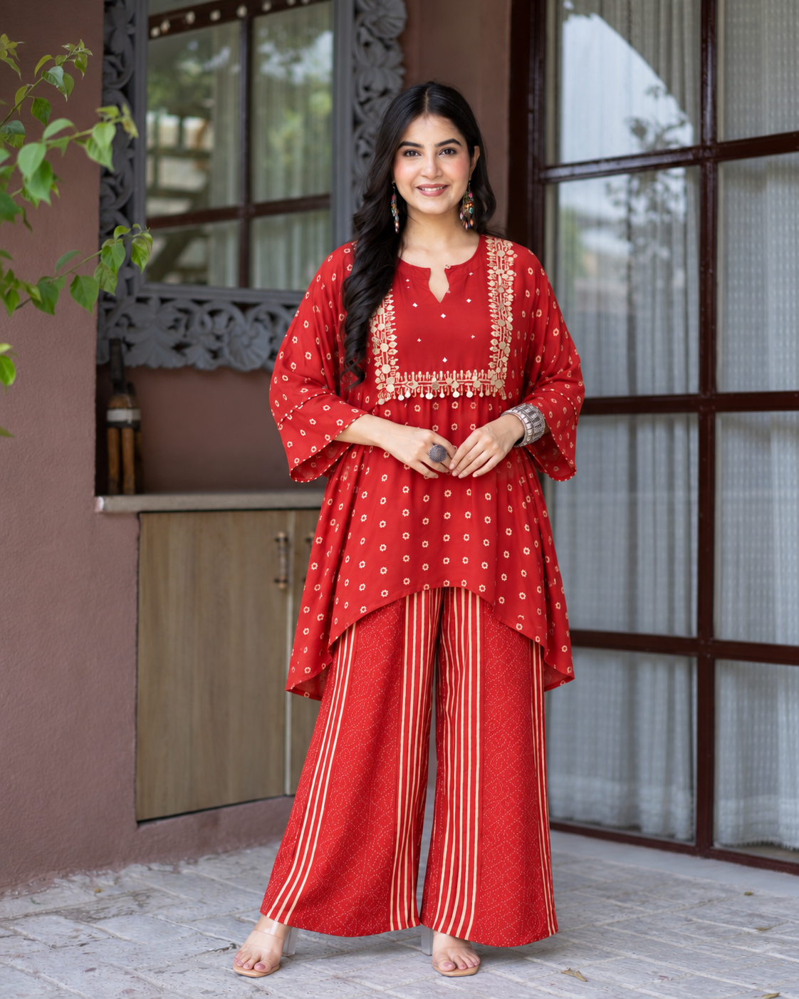 Riddham Maroon Crepe Asymmetric Bandhani Coord Set