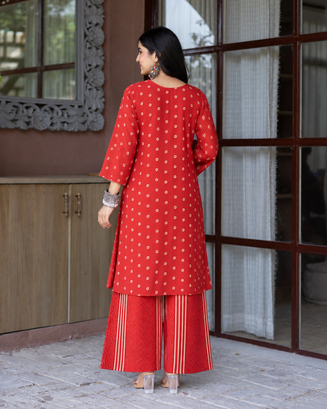 Riddham Maroon Crepe Asymmetric Bandhani Coord Set