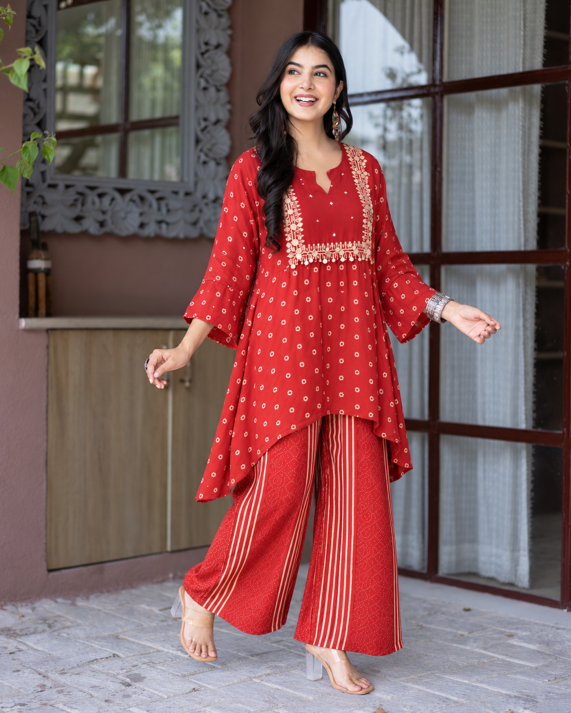 Riddham Maroon Crepe Asymmetric Bandhani Coord Set
