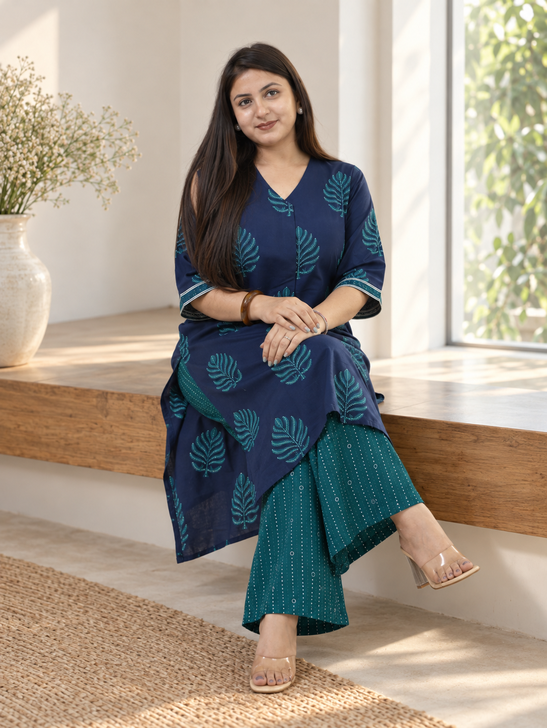Kush Blue Cotton A-line Kurta Set