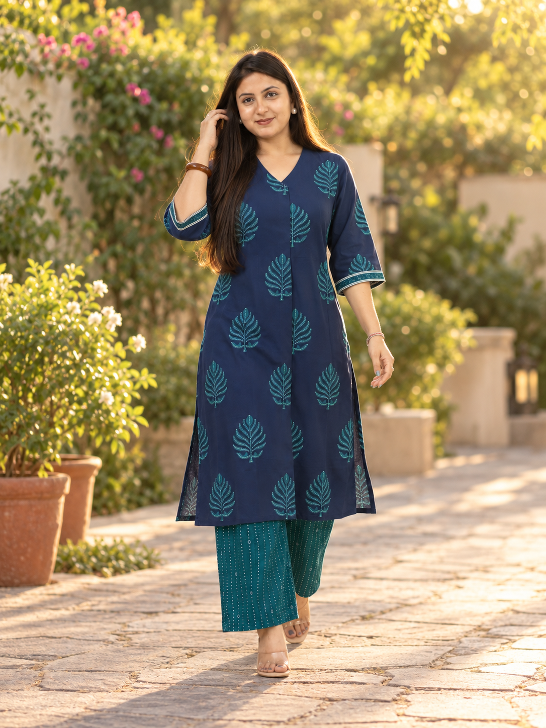 Kush Blue Cotton A-line Kurta Set