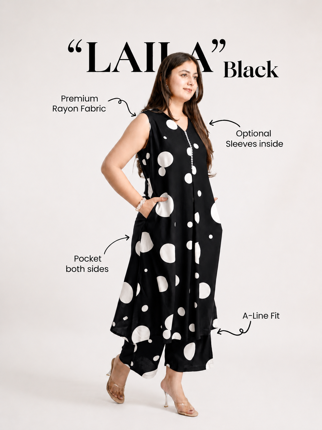 Laila Black Polka Rayon A-line Coord Set