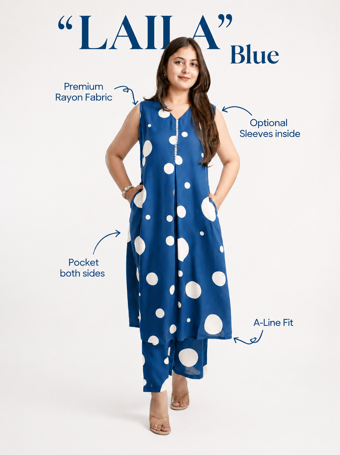 Laila Blue Polka Rayon A-line Coord Set