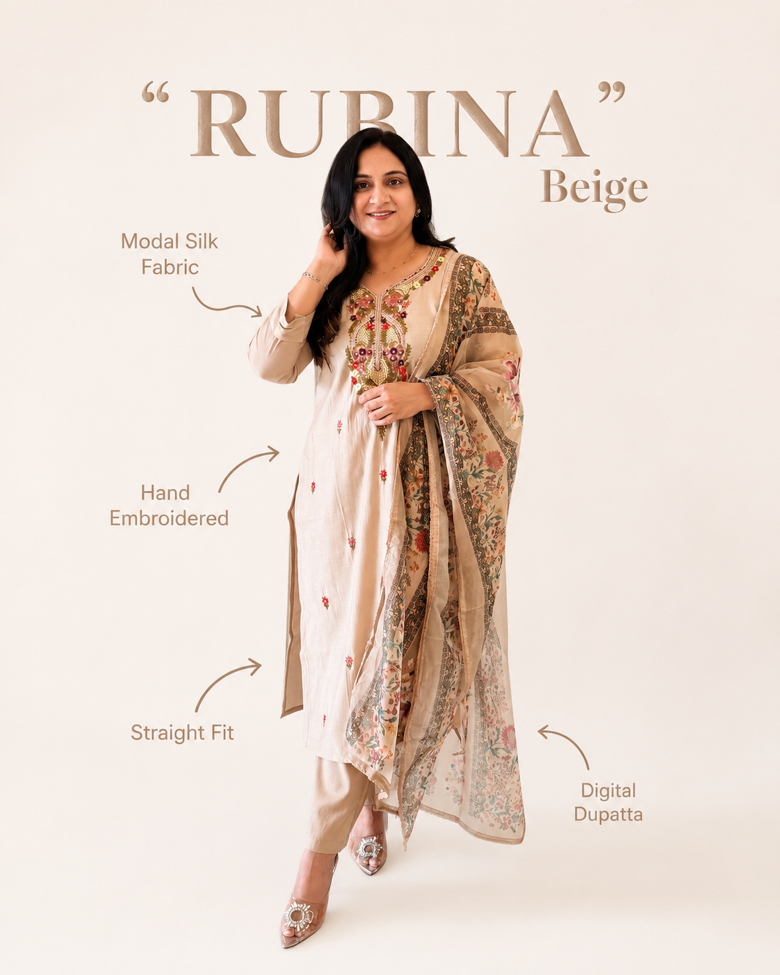 Rubina Beige Modal Silk HandEmbroidered Dupatta Set