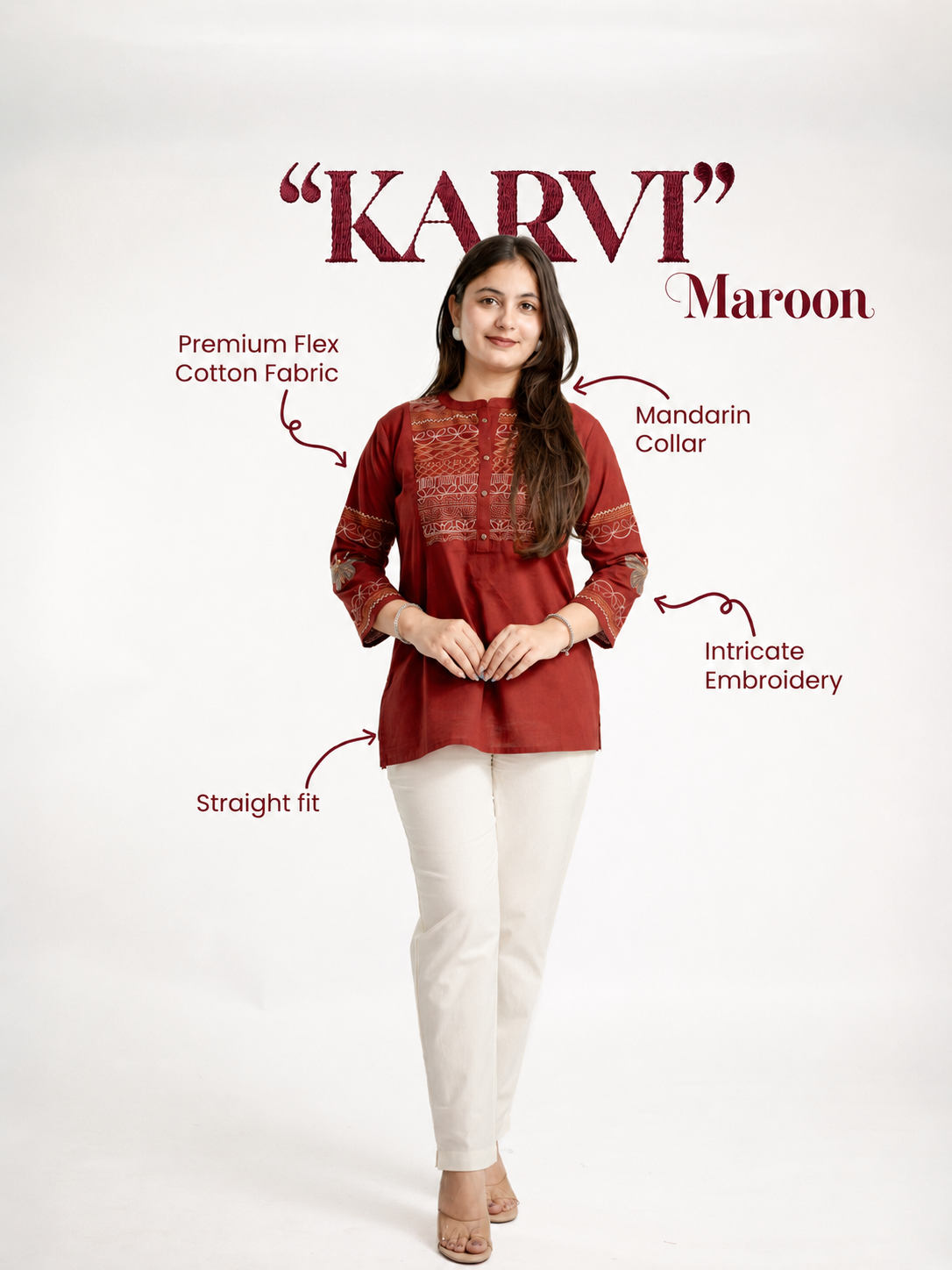 Karvi Maroon Cotton Embroidered Short Top