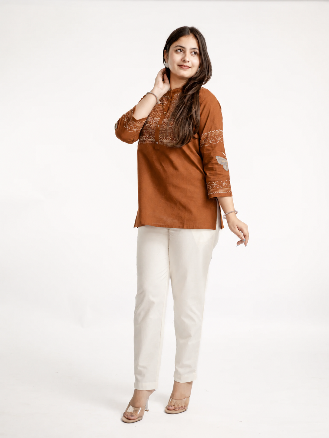 Karvi Rust Cotton Embroidered Short Top