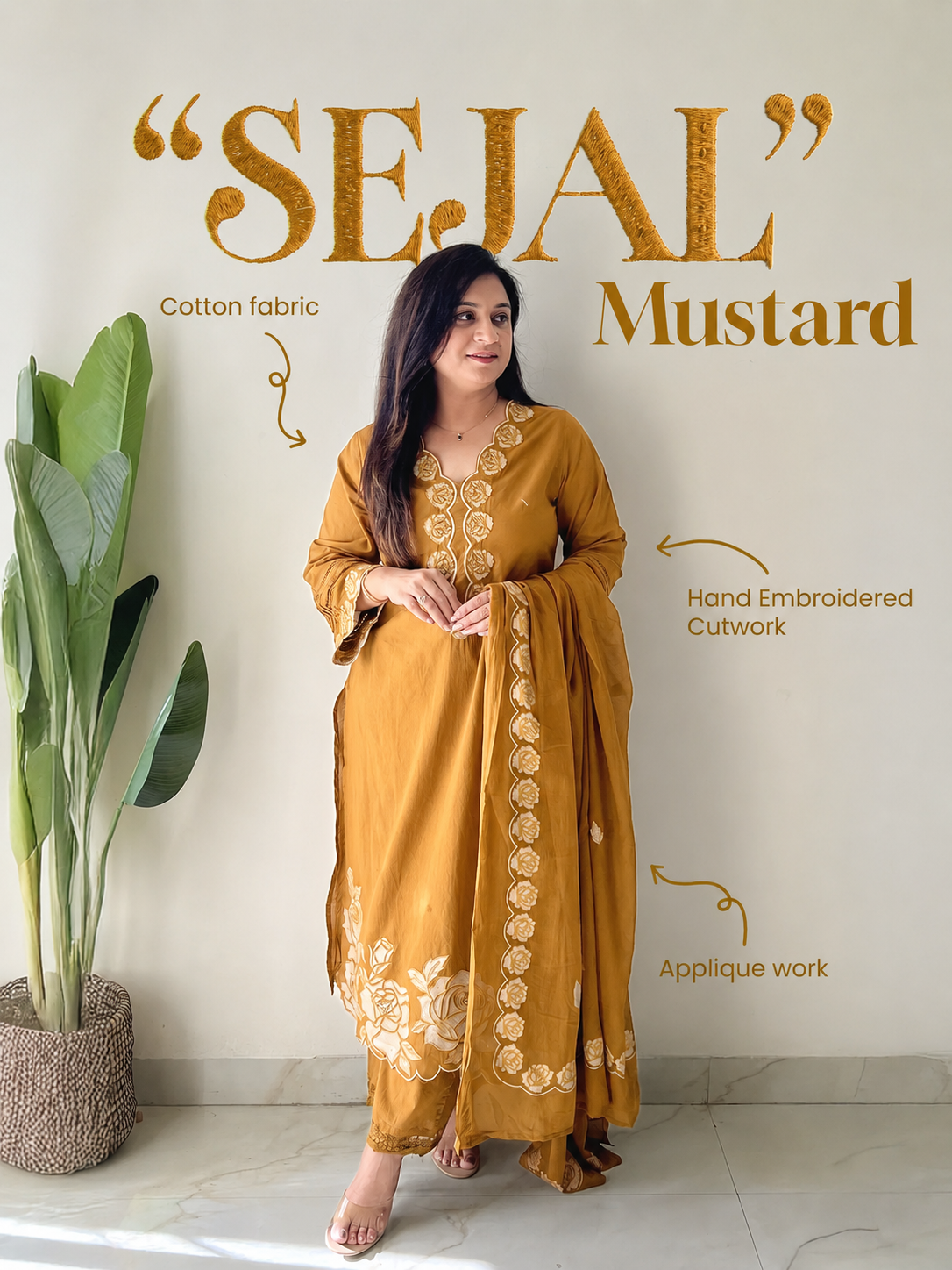 Sejal Mustard Cotton Cutwork Applique HandEmbroidered Pant set
