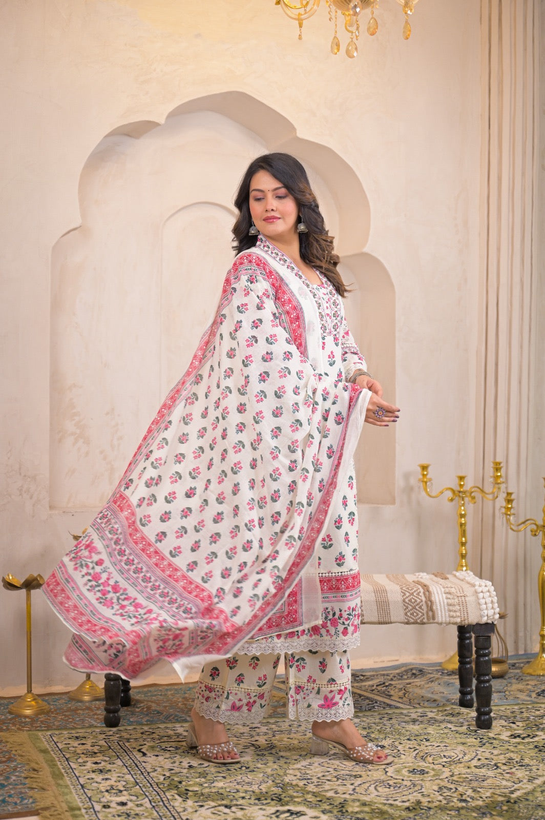Kaaya White Pink Cotton Embroidered Dupatta Set