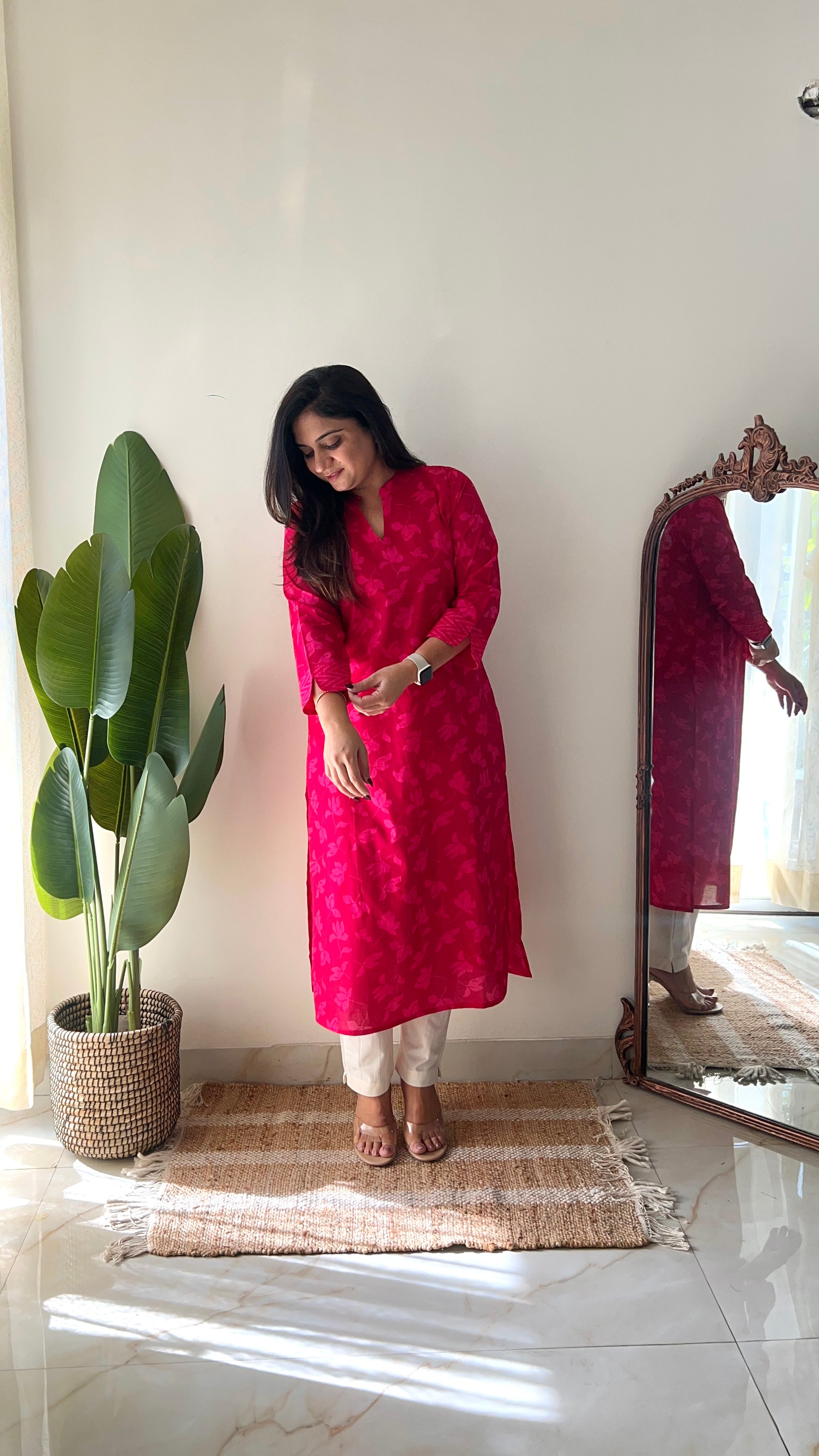 Pink Floral Casual Cotton Straight Kurta - The Jaipur Studio