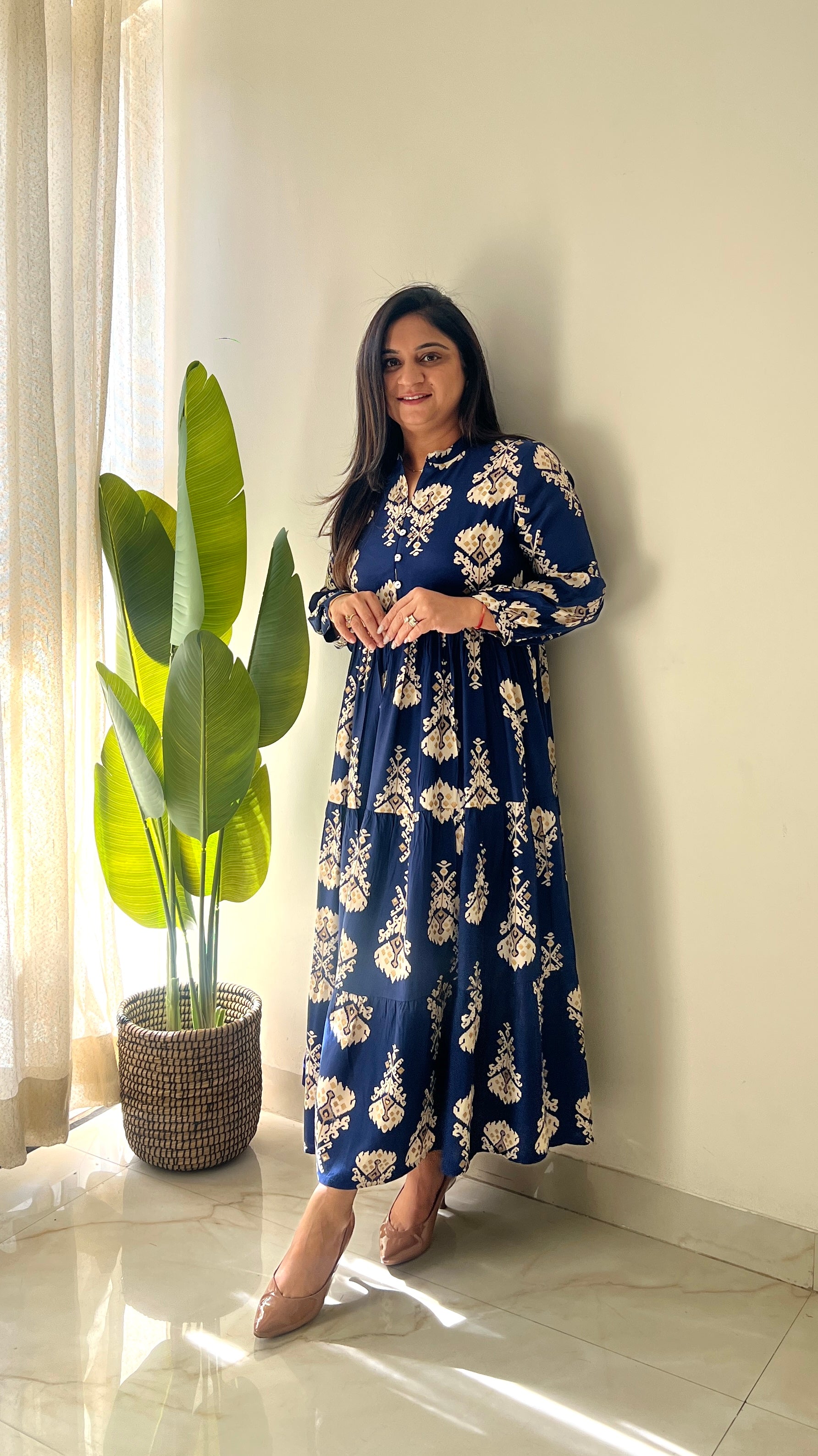 Sarfa Blue Crystal Muslin Casual Long Dress