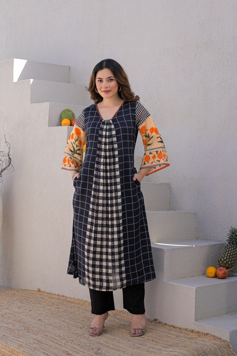 Ridah Black Mul Cotton Embroidered A-line Kurta Set