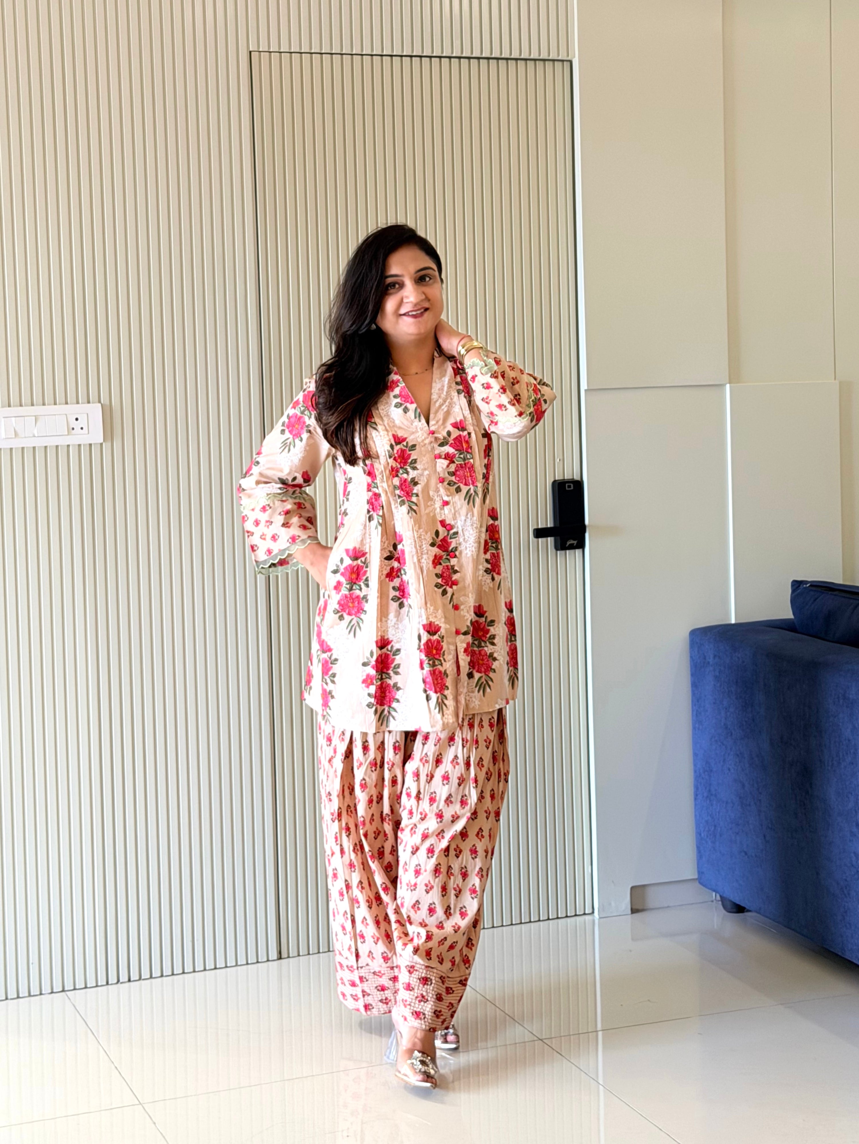Zubeda Beige Cotton Floral A-line Farshi Coord  Set