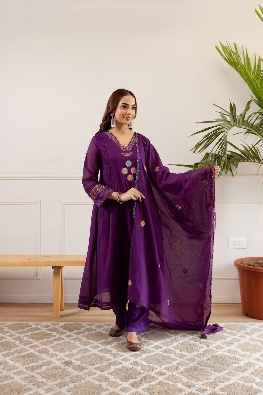 Zola Purple Net Chanderi Embroidered Anarkali Set