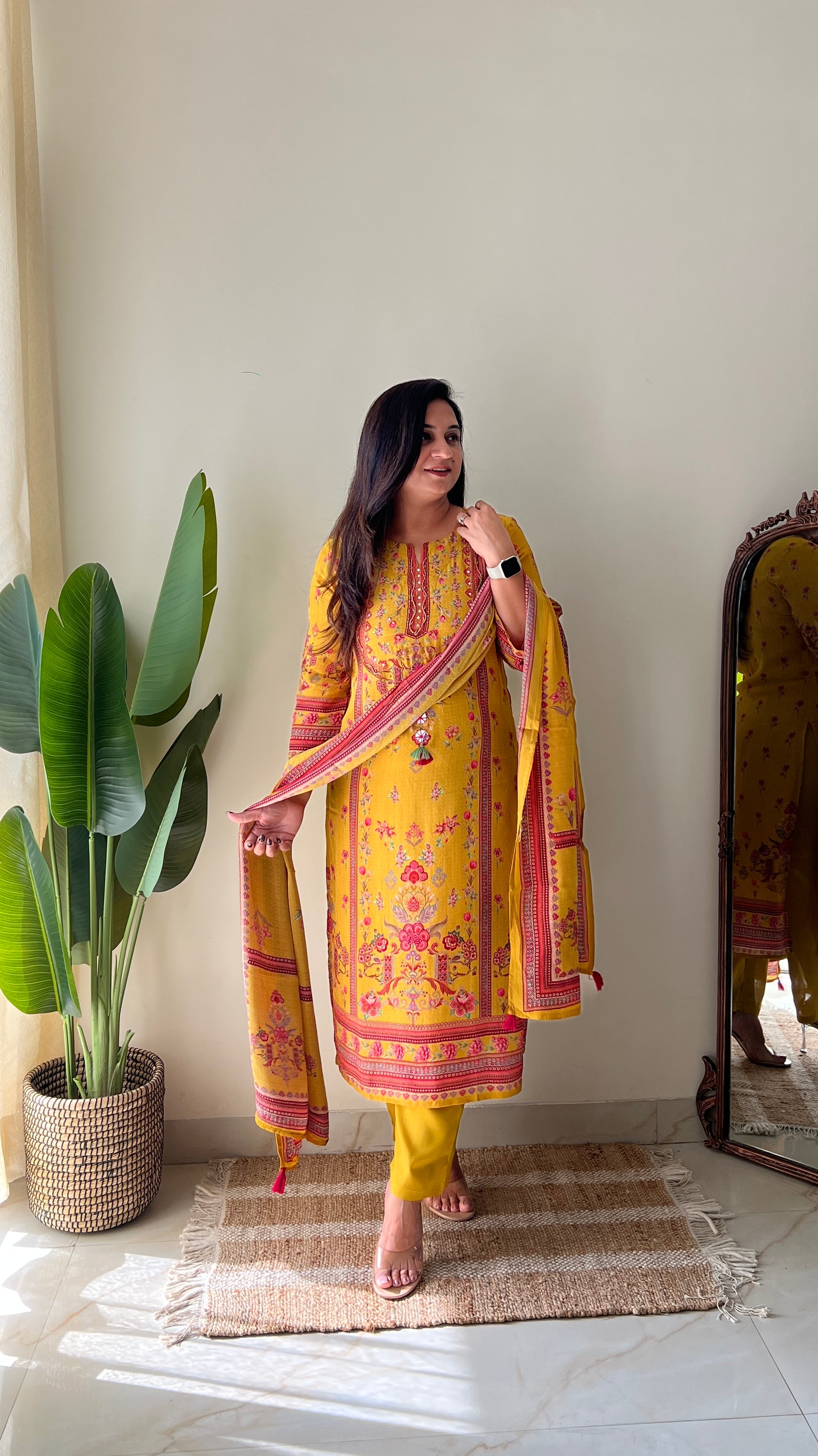 Rahma Crepe HandEmbroidered Straight Pant Set Yellow - The Jaipur Studio