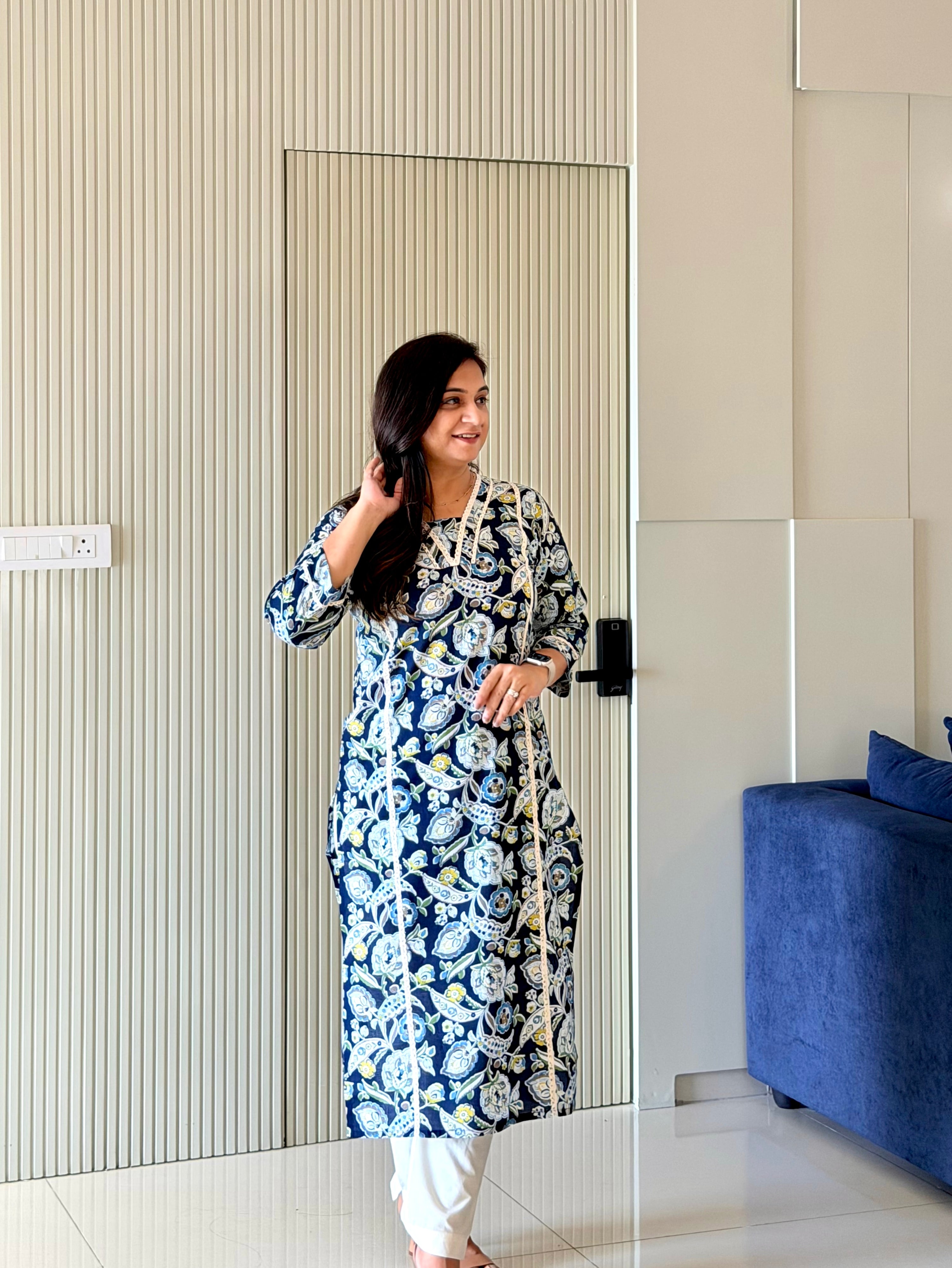 Fariha Navy Blue Cotton Floral Casual Straight Kurta