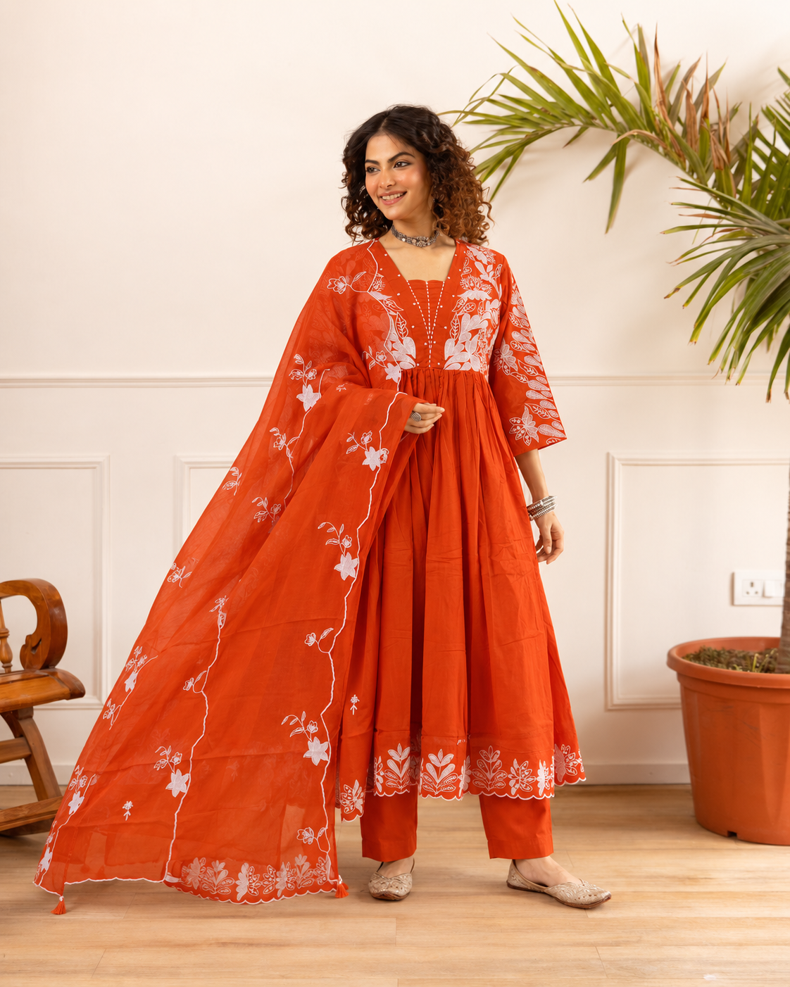 Ruksaar Rust Mul Cotton Embroidered A-line Dupatta Set