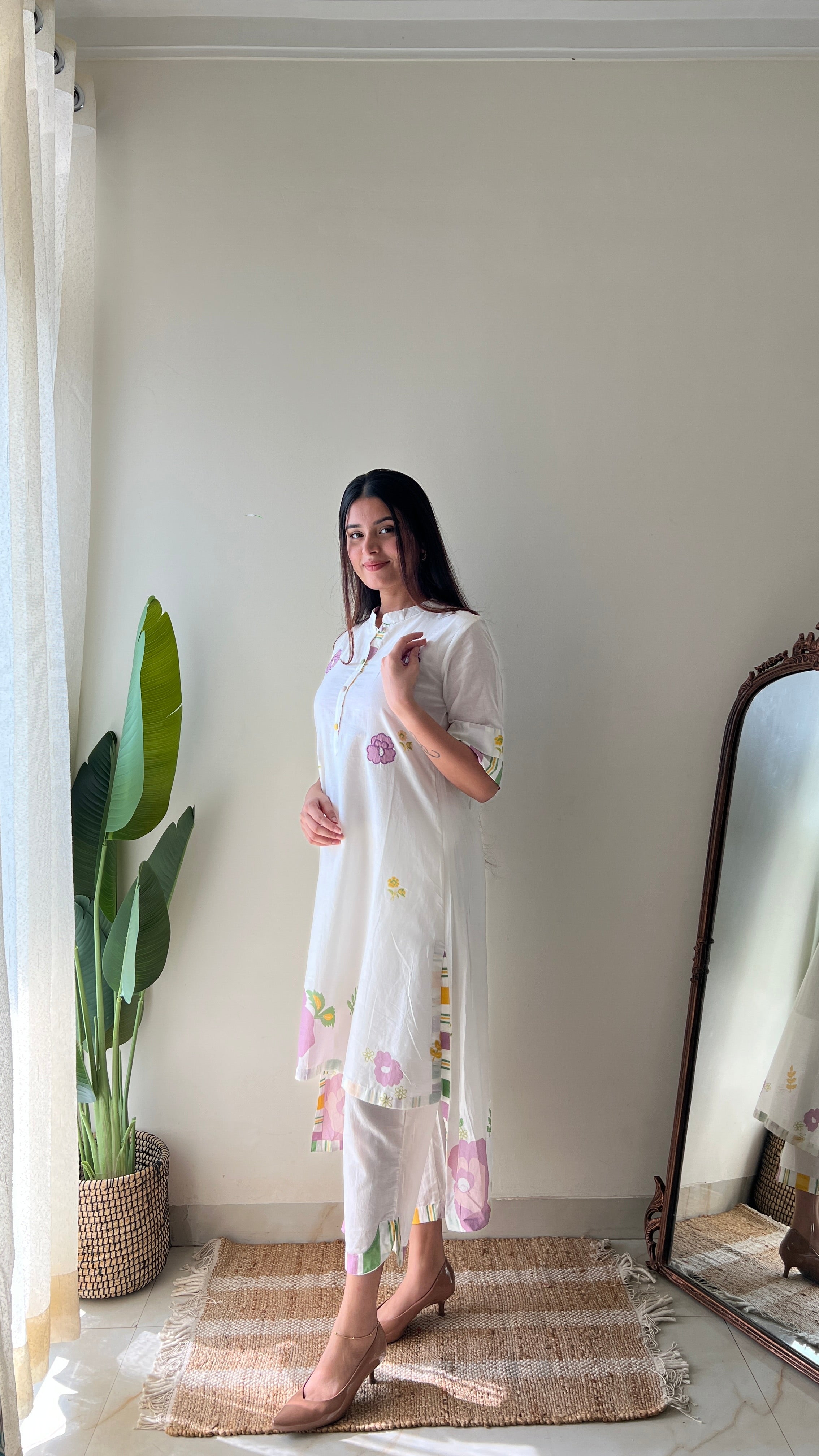 Jeena Mul Cotton Embroidered High Low Coord Set