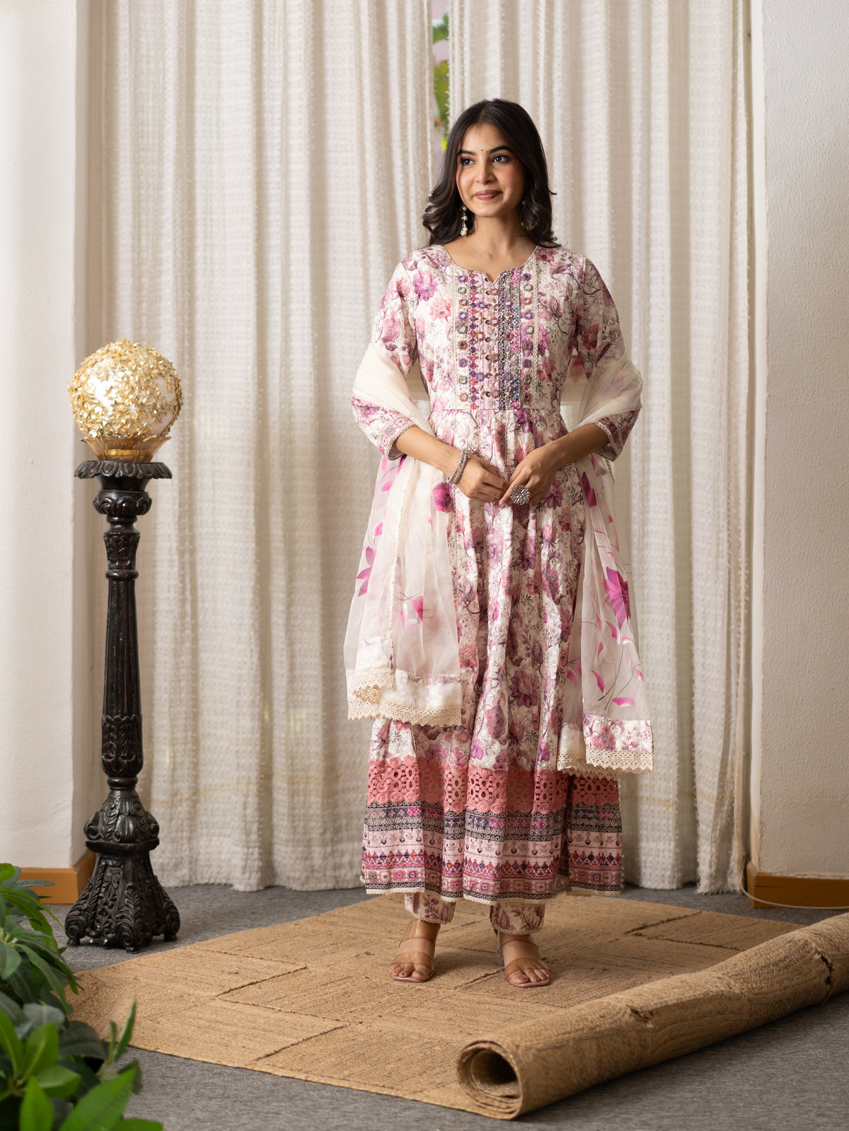 Seerat Pink Cotton Sciffili Embroidered Anarkali Set