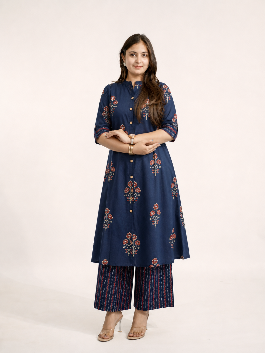 Liva Blue Floral A-line Cotton Kurta Set
