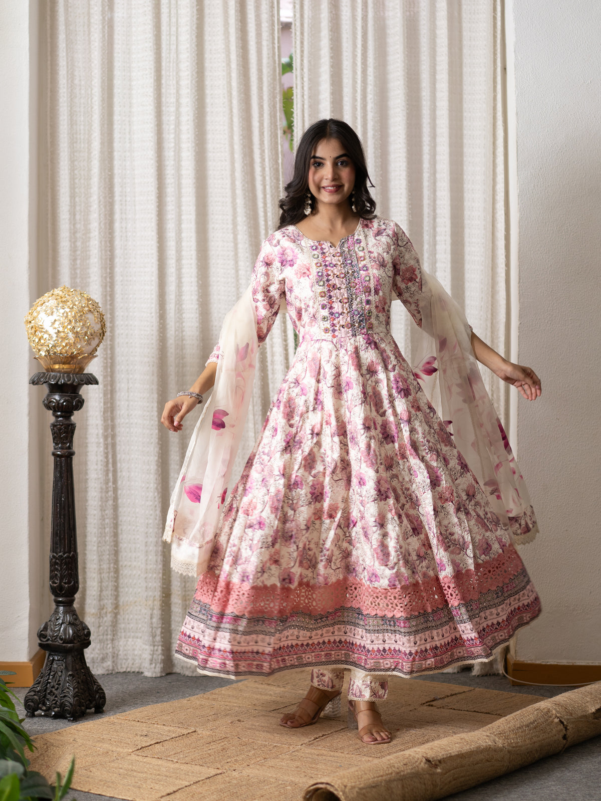 Seerat Pink Cotton Sciffili Embroidered Anarkali Set