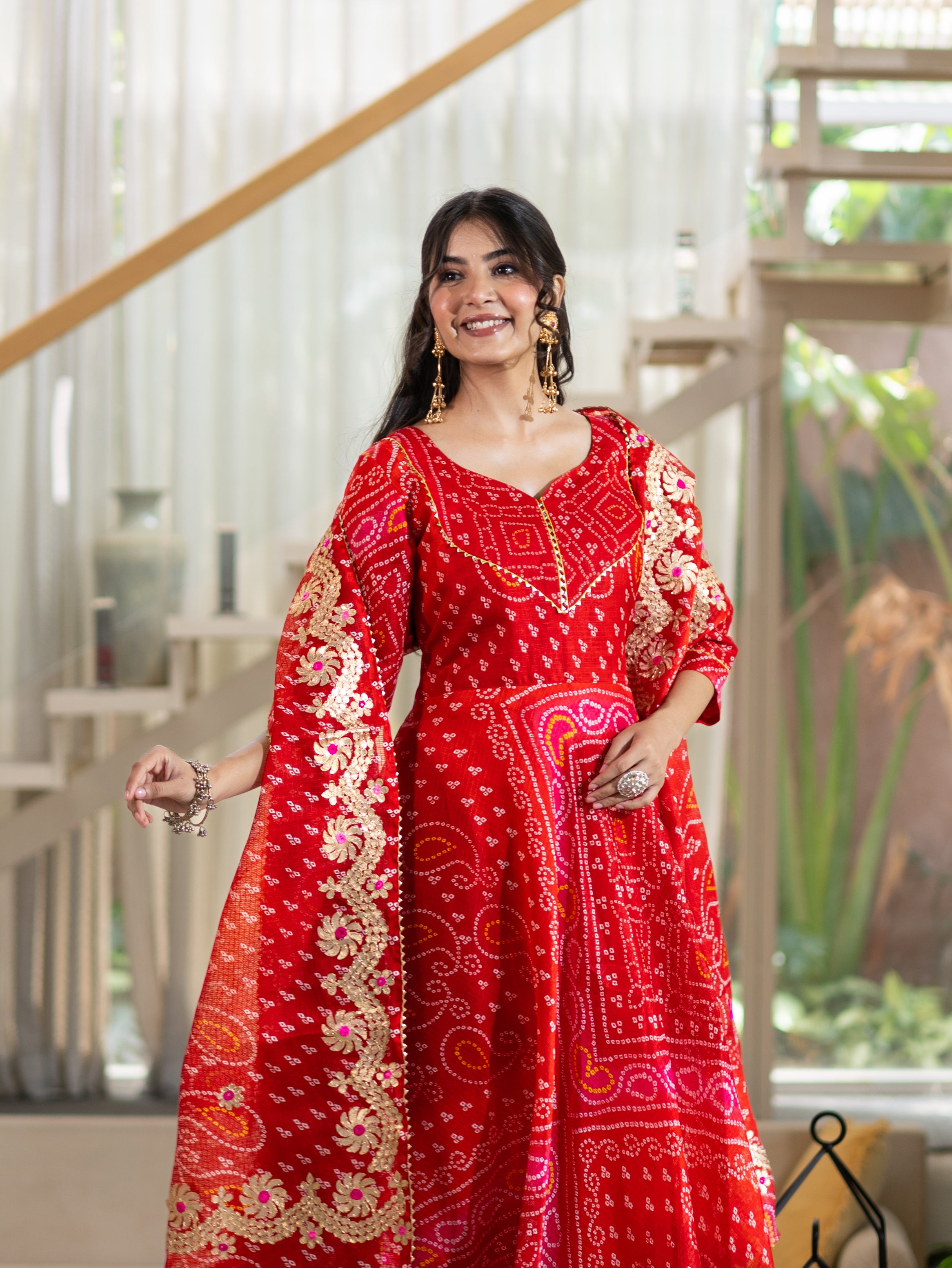 Nitya Red Bandhani Kota Doria Anarkali Dupatta set