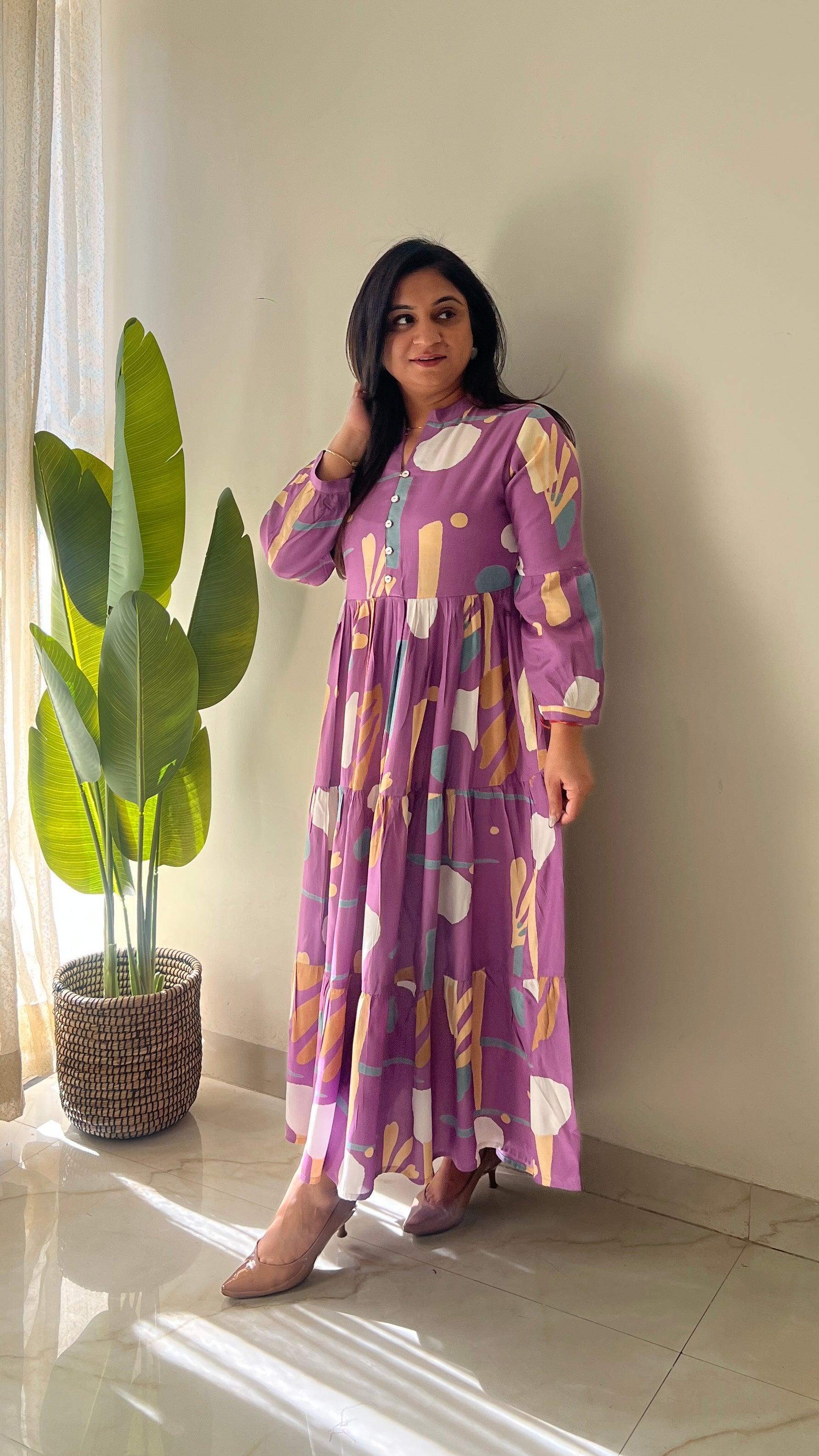 Sarfa Lilac Crystal Muslin Casual Long Dress