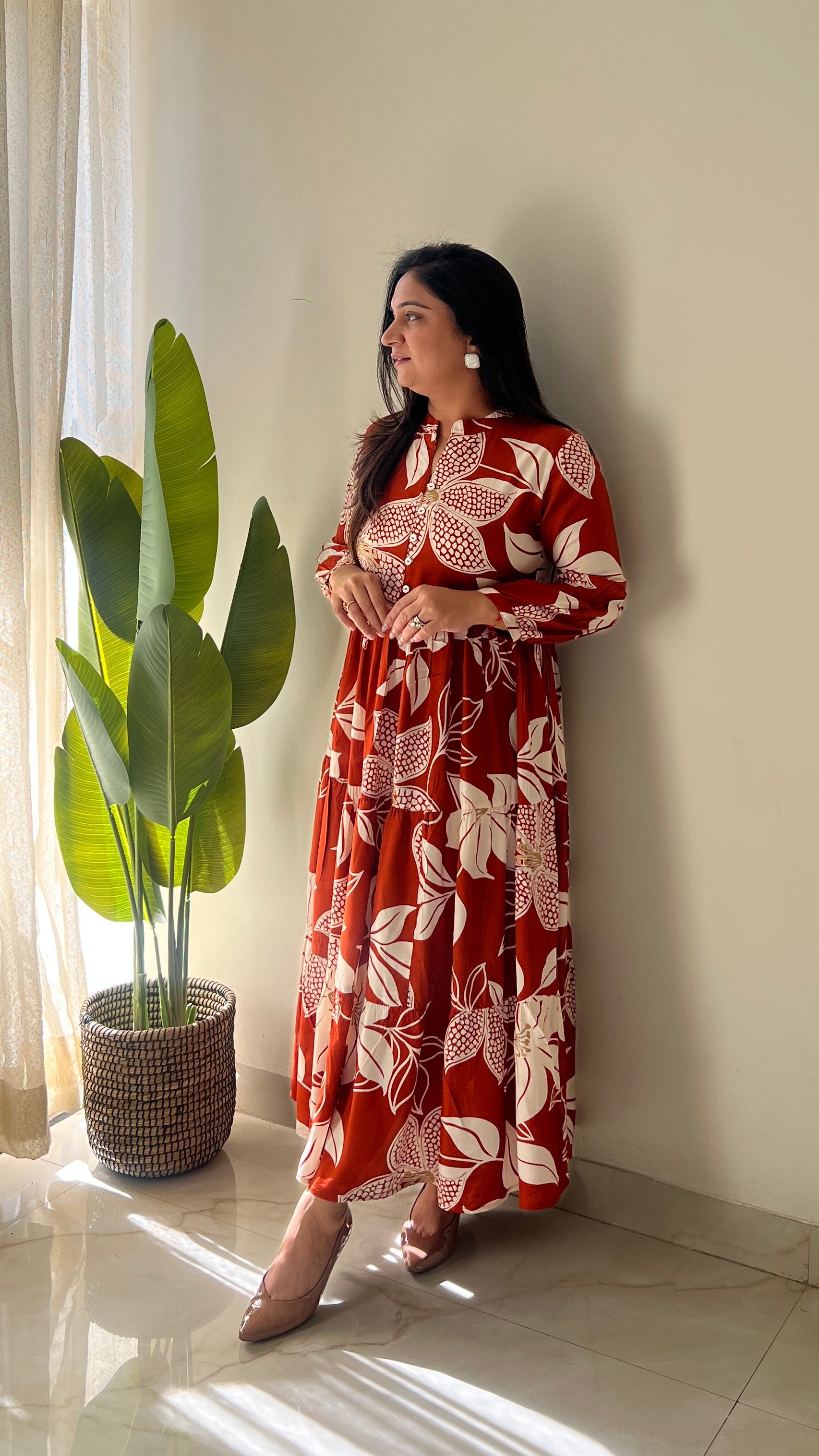 Sarfa Rust Crystal Muslin Casual Long Dress