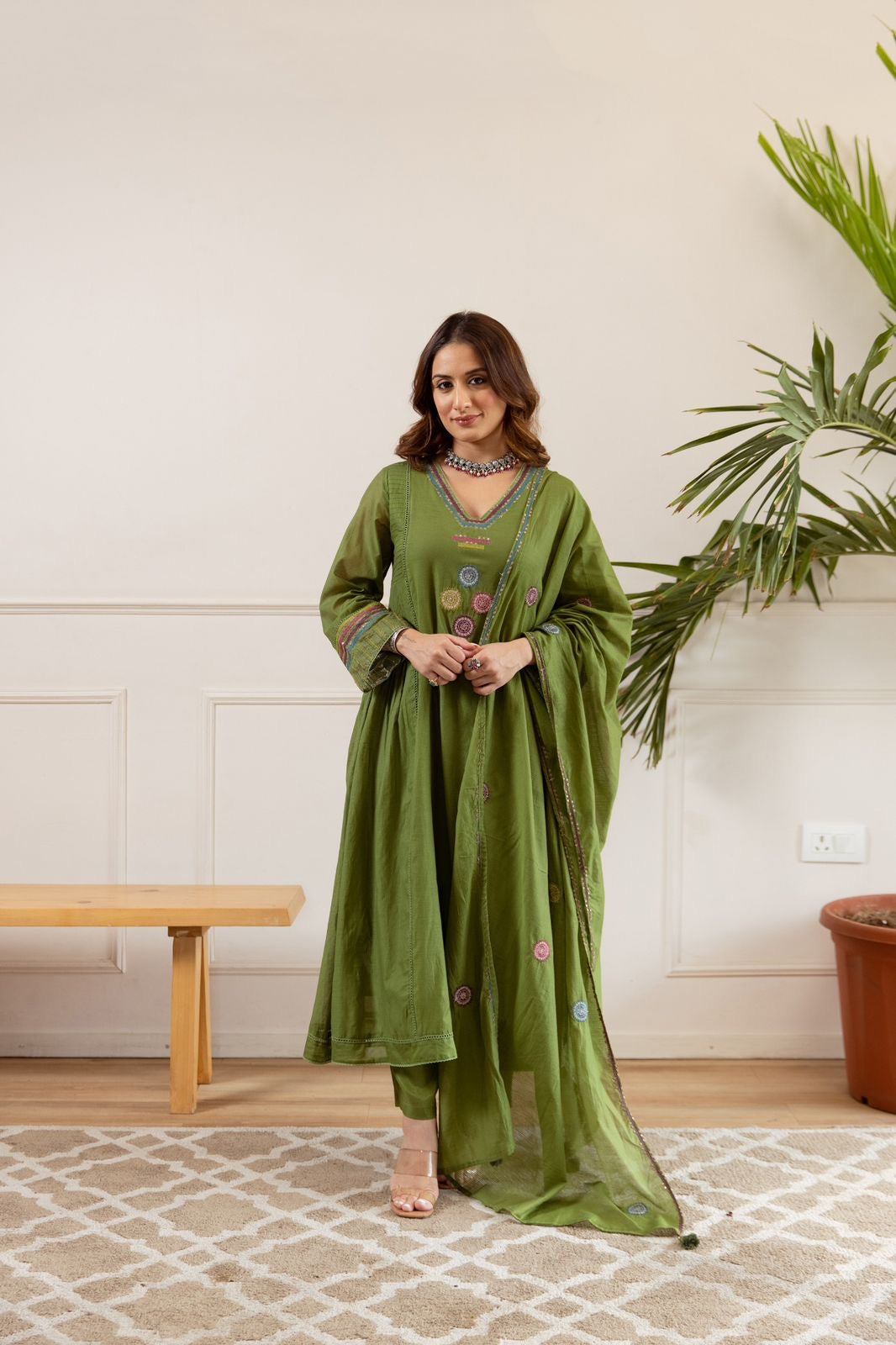 Zola Green Net Chanderi Embroidered Anarkali Set